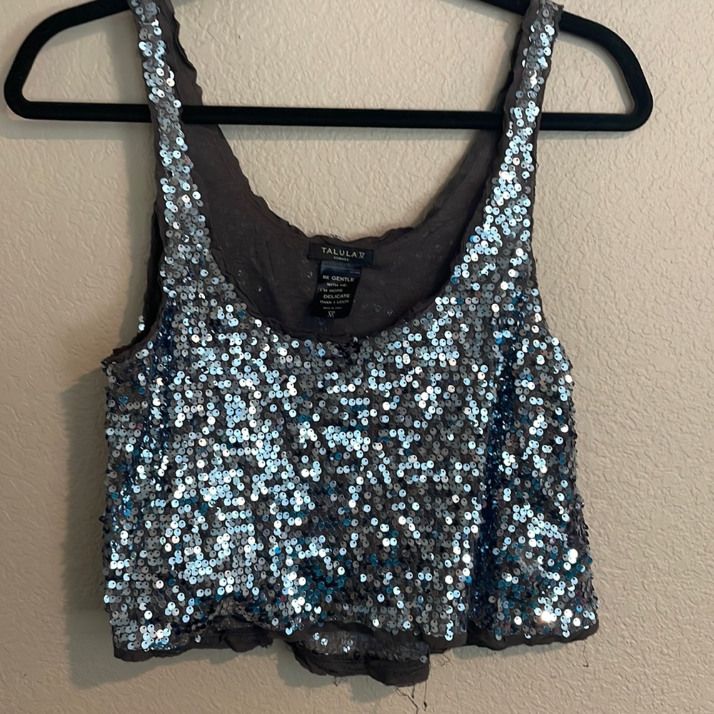 Aritzia Talula Gray-blue/silver sequin crop top size x-small